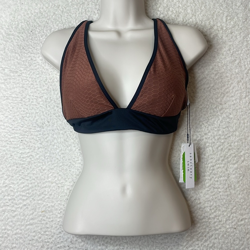 NWT Sanctuary Womens Earth Brown Black Lining Print Swim Bikini Top SIZE LARGE - Picture 2 of 6